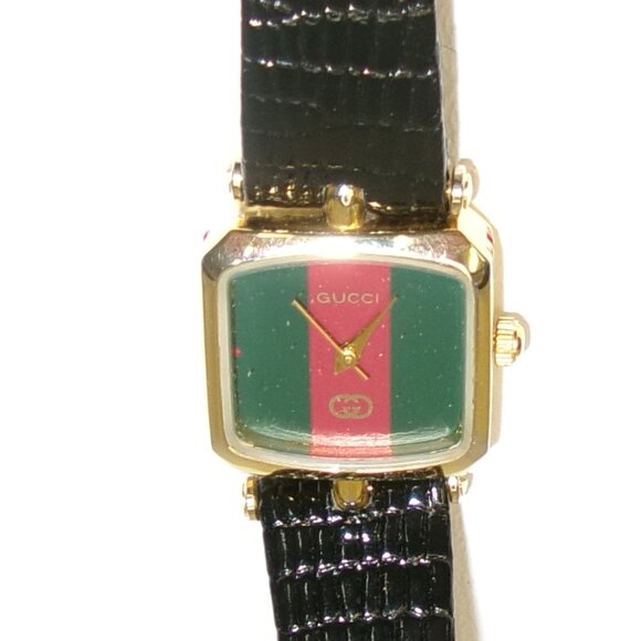 Vintage Gucci Watch Gold Green Red Stripe Leather Band Swiss Made - Picture 1 of 3
